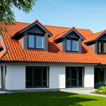An architectural visualization of a house featuring a dual roofing design under a bright, clear sky. One half of the roof is covered in classic, reddish-brown clay tiles, exhibiting a warm, earthy texture and subtle, natural weathering, evoking a sense of heritage. The other half displays a modern, sleek dark grey metal roof, characterized by clean, sharp lines and a contemporary aesthetic. The building is situated in a well-maintained suburban setting with lush green trees. Professional architectural photography, high detail, sharp focus, vibrant colors, safe for work, appropriate content, fully clothed, modest building design, family-friendly, perfect anatomy, correct proportions, natural structure, well-formed details, proper construction.