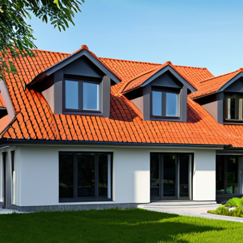 An architectural visualization of a house featuring a dual roofing design under a bright, clear sky. One half of the roof is covered in classic, reddish-brown clay tiles, exhibiting a warm, earthy texture and subtle, natural weathering, evoking a sense of heritage. The other half displays a modern, sleek dark grey metal roof, characterized by clean, sharp lines and a contemporary aesthetic. The building is situated in a well-maintained suburban setting with lush green trees. Professional architectural photography, high detail, sharp focus, vibrant colors, safe for work, appropriate content, fully clothed, modest building design, family-friendly, perfect anatomy, correct proportions, natural structure, well-formed details, proper construction.