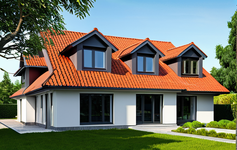 An architectural visualization of a house featuring a dual roofing design under a bright, clear sky. One half of the roof is covered in classic, reddish-brown clay tiles, exhibiting a warm, earthy texture and subtle, natural weathering, evoking a sense of heritage. The other half displays a modern, sleek dark grey metal roof, characterized by clean, sharp lines and a contemporary aesthetic. The building is situated in a well-maintained suburban setting with lush green trees. Professional architectural photography, high detail, sharp focus, vibrant colors, safe for work, appropriate content, fully clothed, modest building design, family-friendly, perfect anatomy, correct proportions, natural structure, well-formed details, proper construction.
