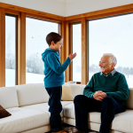 A multi-generational family (parents, child, grandparent) fully clothed in modest, comfortable attire, happily relaxing in a brightly lit, modern living room. Outside the large window, snow gently falls, but the interior feels perfectly warm and cozy. The atmosphere is peaceful and serene, emphasizing indoor comfort and tranquility. Perfect anatomy, correct proportions, natural pose, well-formed hands, proper finger count, natural body proportions. Professional photography, high quality, safe for work, appropriate content, family-friendly.