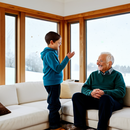 A multi-generational family (parents, child, grandparent) fully clothed in modest, comfortable attire, happily relaxing in a brightly lit, modern living room. Outside the large window, snow gently falls, but the interior feels perfectly warm and cozy. The atmosphere is peaceful and serene, emphasizing indoor comfort and tranquility. Perfect anatomy, correct proportions, natural pose, well-formed hands, proper finger count, natural body proportions. Professional photography, high quality, safe for work, appropriate content, family-friendly.