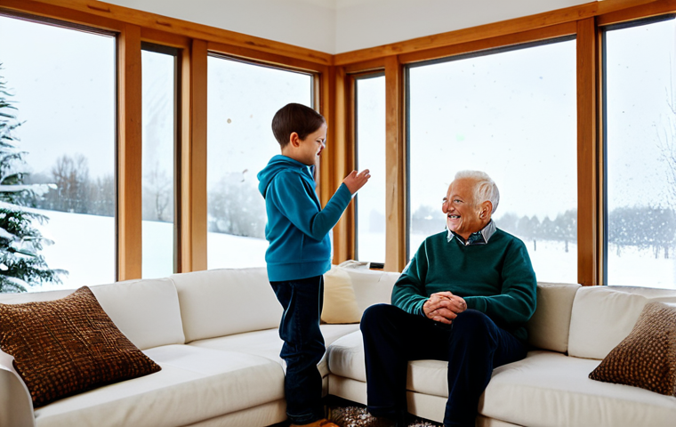 A multi-generational family (parents, child, grandparent) fully clothed in modest, comfortable attire, happily relaxing in a brightly lit, modern living room. Outside the large window, snow gently falls, but the interior feels perfectly warm and cozy. The atmosphere is peaceful and serene, emphasizing indoor comfort and tranquility. Perfect anatomy, correct proportions, natural pose, well-formed hands, proper finger count, natural body proportions. Professional photography, high quality, safe for work, appropriate content, family-friendly.