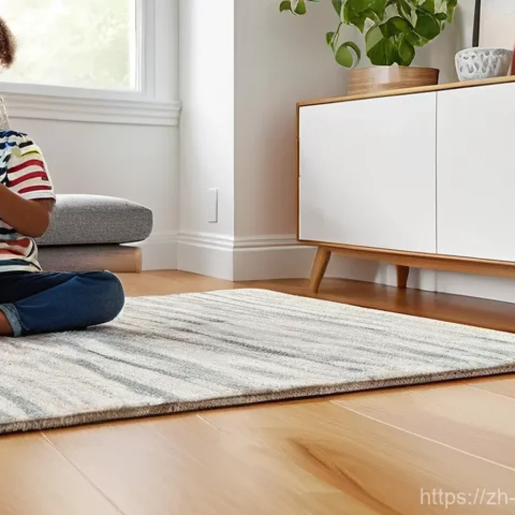 하이브리드 바닥재 장점 - **Prompt:** A cheerful, brightly lit modern living room with a family-friendly atmosphere. A toddler...