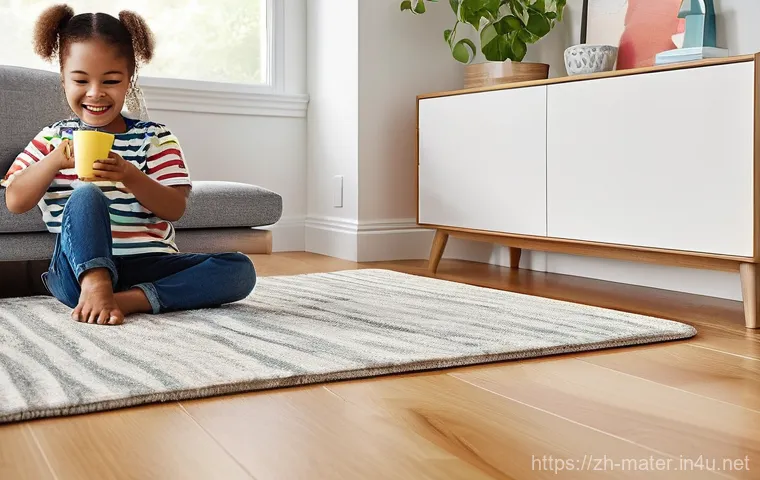 하이브리드 바닥재 장점 - **Prompt:** A cheerful, brightly lit modern living room with a family-friendly atmosphere. A toddler...