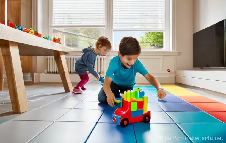 하이브리드 바닥재 장점 - **Prompt:** A cheerful, brightly lit modern living room with a family-friendly atmosphere. A toddler...