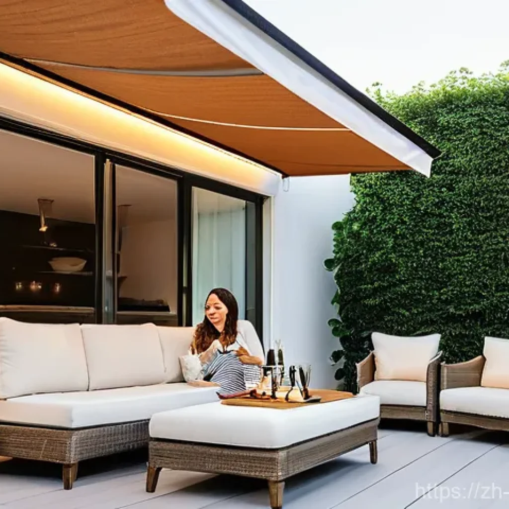 차양막 설치 및 추천 제품 - **Prompt 1: Cozy Evening Patio with Smart Retractable Awning**
A wide, motorized retractable awn...