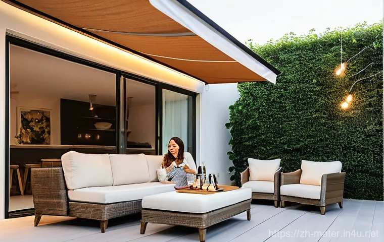 차양막 설치 및 추천 제품 - **Prompt 1: Cozy Evening Patio with Smart Retractable Awning**
A wide, motorized retractable awn...