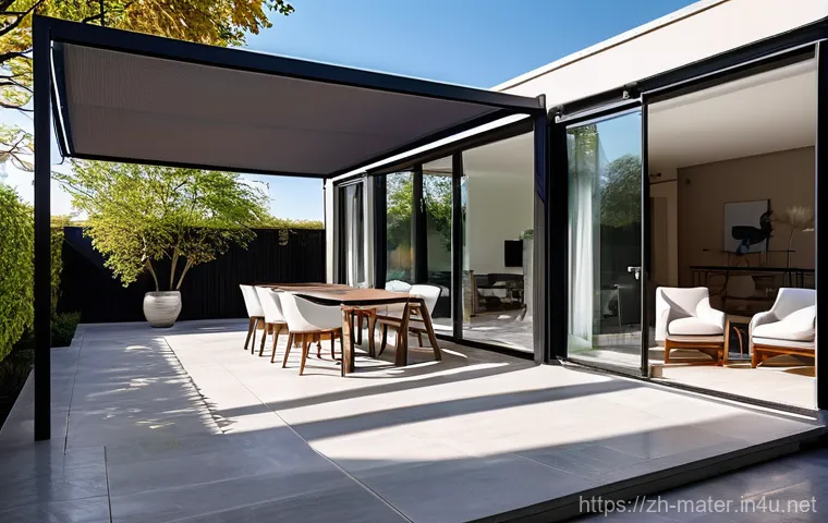 차양막 설치 및 추천 제품 - **Prompt 1: Cozy Evening Patio with Smart Retractable Awning**
    A wide, motorized retractable awn...