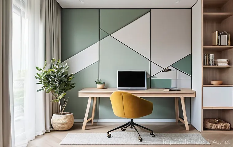 흡음 패널 브랜드별 비교 - **Prompt:** A serene and minimalist home study, bathed in soft, diffused natural light filtering thr...