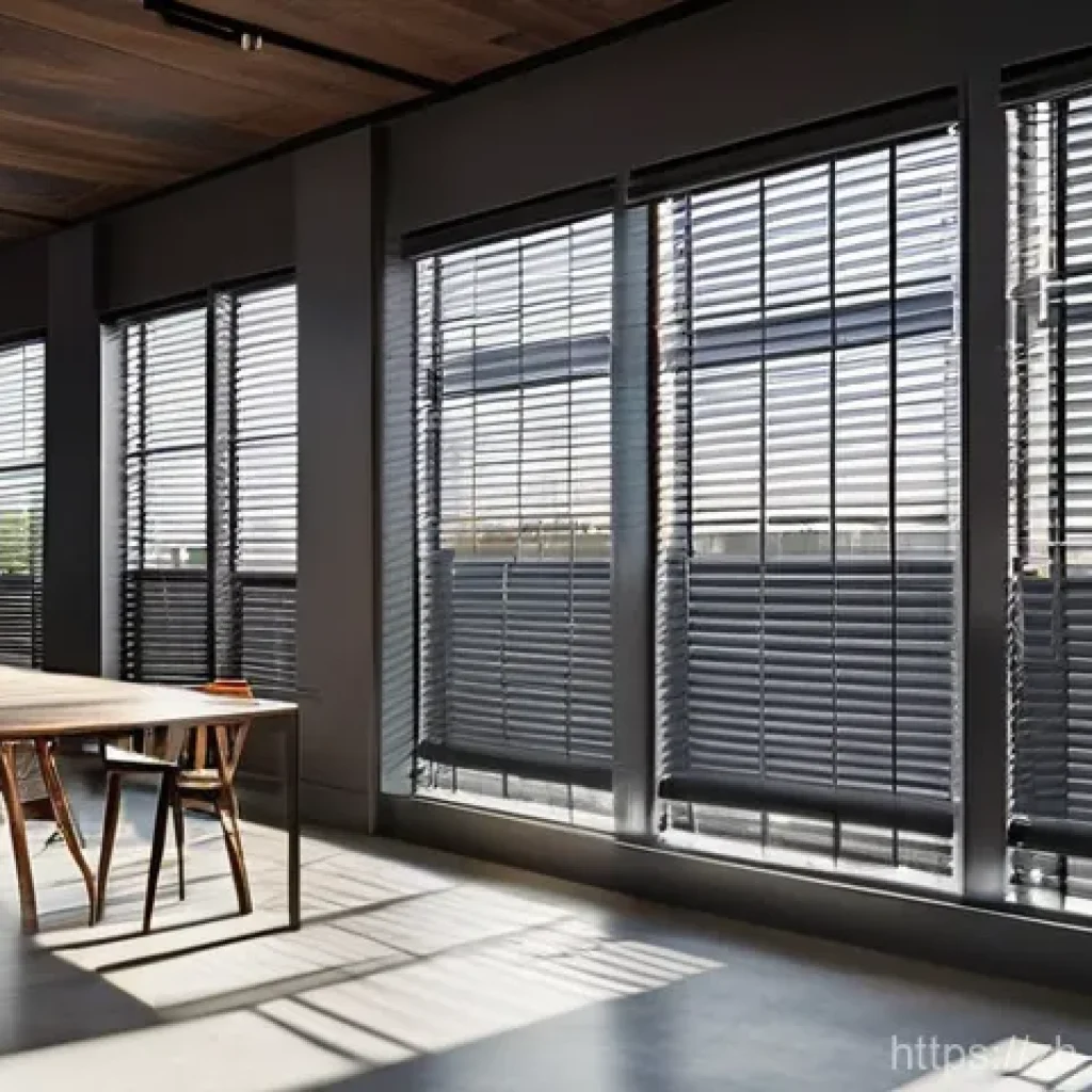 금속 루버와 목재 루버 비교 - **Prompt for Modern Metal Blinds:**
"A sleek, minimalist kitchen in a modern LOFT industrial sty...