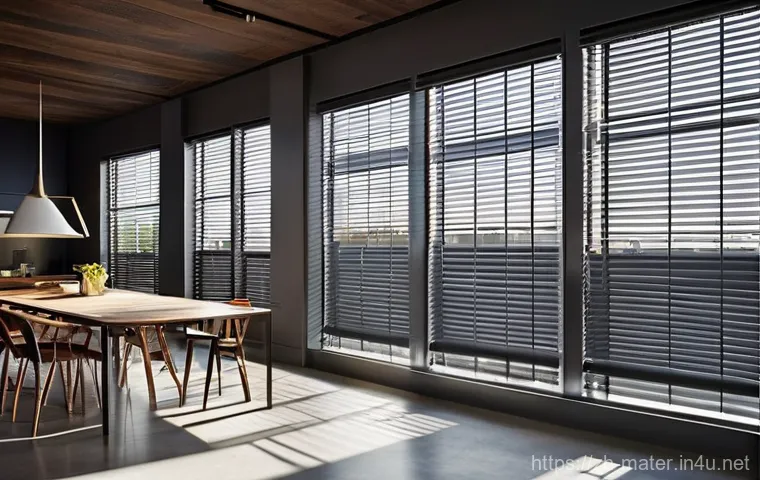 금속 루버와 목재 루버 비교 - **Prompt for Modern Metal Blinds:**
    "A sleek, minimalist kitchen in a modern LOFT industrial sty...