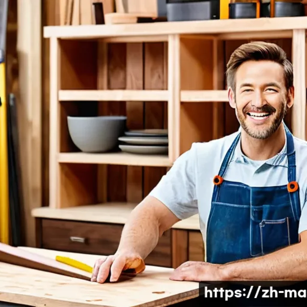 합판 종류 및 용도 - **Prompt:** A cozy and well-lit home workshop, designed for a passionate DIY blogger. The central fo...