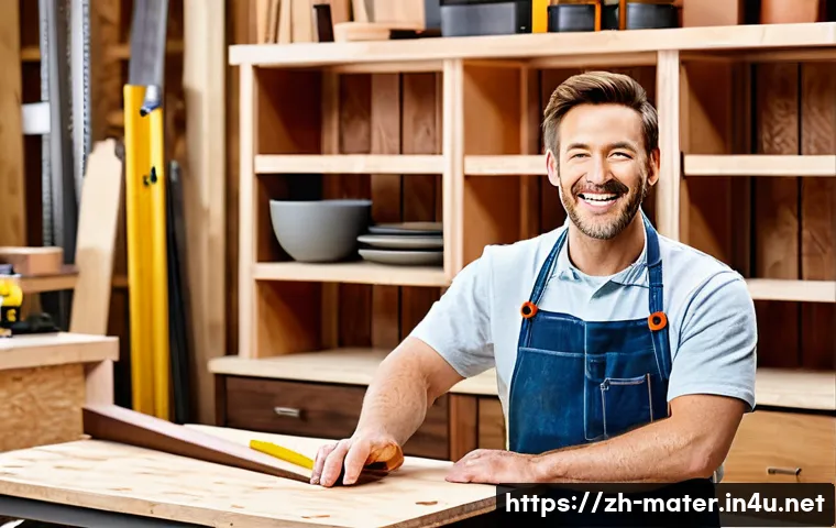 합판 종류 및 용도 - **Prompt:** A cozy and well-lit home workshop, designed for a passionate DIY blogger. The central fo...