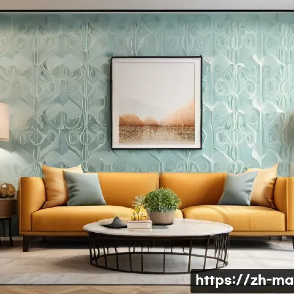난연 소재 벽지 비교 - A modern living room interior featuring polyester fiber flame-retardant wallpaper with a dense textu...