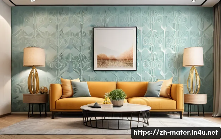 난연 소재 벽지 비교 - A modern living room interior featuring polyester fiber flame-retardant wallpaper with a dense textu...