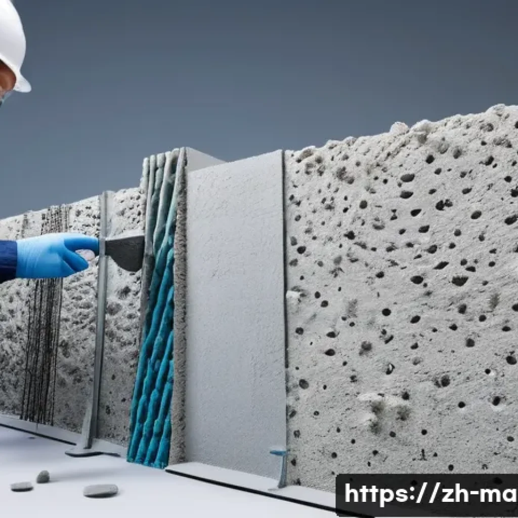 폴리머 시멘트 모르타르 특징 - A highly detailed cross-sectional illustration of polymer-modified cement mortar microstructure unde...