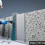 폴리머 시멘트 모르타르 특징 - A highly detailed cross-sectional illustration of polymer-modified cement mortar microstructure unde...