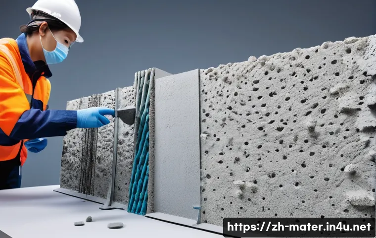 폴리머 시멘트 모르타르 특징 - A highly detailed cross-sectional illustration of polymer-modified cement mortar microstructure unde...