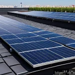 태양광 지붕재 추천 - A modern residential rooftop covered with sleek monocrystalline silicon solar panels, showcasing the...