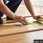 목재 바닥재 오일 마감법 - A modern, bright indoor scene showing a professional applying eco-friendly water-based wood floor pa...