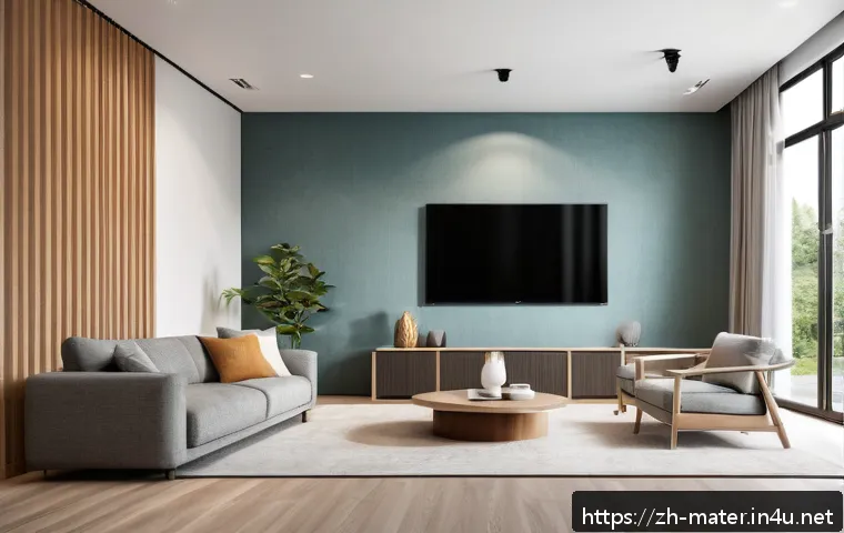 방음재 추천 및 가격 - A modern home interior showcasing polyester fiber acoustic panels installed neatly on walls and ceil...
