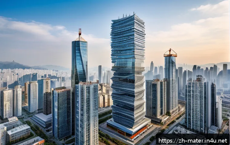 내진 설계 필수 자재 - A high-tech modern skyscraper under seismic stress testing, showcasing polymer-based damping materia...