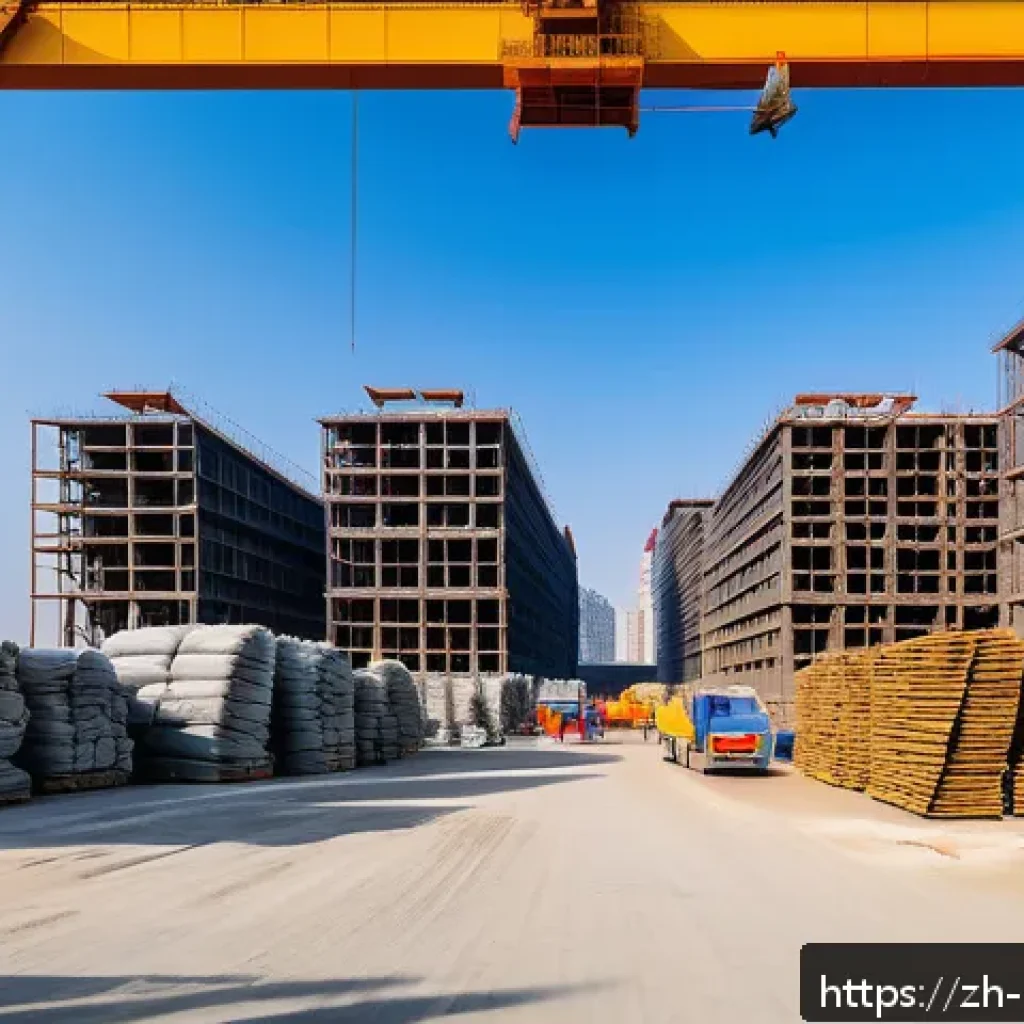 건축 자재 가격 비교 - A modern construction site scene showcasing a diverse range of building materials such as steel beam...