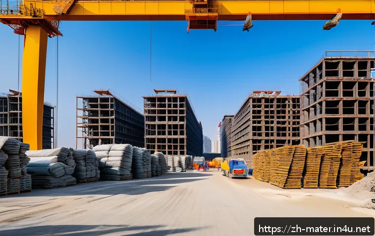 건축 자재 가격 비교 - A modern construction site scene showcasing a diverse range of building materials such as steel beam...