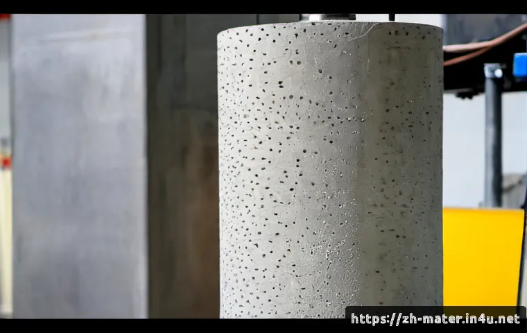 고강도 콘크리트 특징 - Photorealistic close-up of a high-strength concrete cylinder undergoing a compression test in a mode...