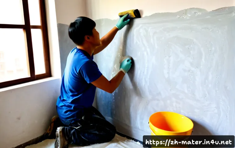 미장 자재 및 공법 - Photorealistic construction interior showing a skilled worker applying smooth plaster to a residenti...