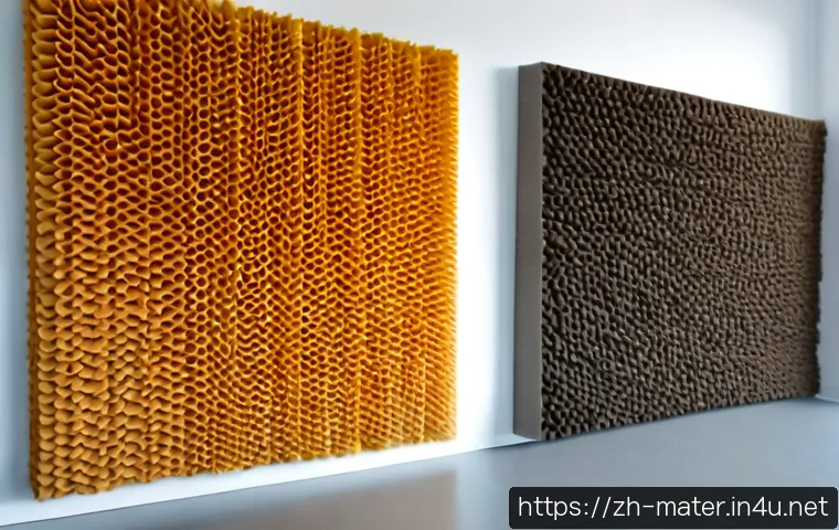 흡음재와 차음재 차이 - Photorealistic side-by-side interior materials comparison in a bright modern home studio: left secti...