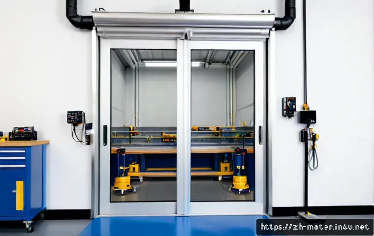 자동문 설치 필수 자재 - Photorealistic overhead flat lay of essential automatic sliding door installation materials on a cle...